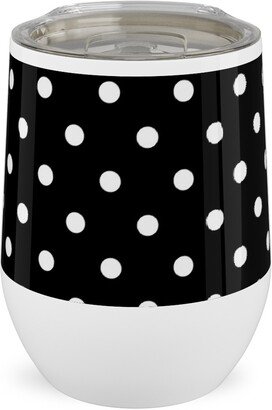 Travel Mugs: Dotty - White On Black Stainless Steel Travel Tumbler, 12Oz, Black