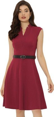 Allegra K Women' V Neck Wear to Work Sleevele Flare Knee Length Dree Wine Red X-Large