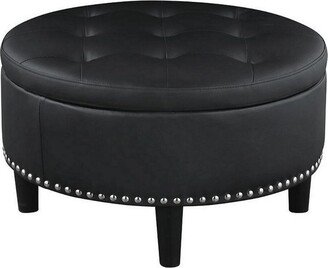 30 Inch Round Storage Ottoman, Black Vegan Faux Leather, Button Tufted