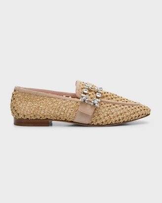 Raffia Crystal-Buckle Flat Loafers