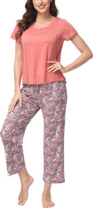 Women's 2 Piece Short Sleeve Top with Cropped Wide Leg Pants Pajama Set