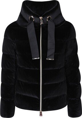 Drawstring High-Neck Puffer Velvet Jacket-AA