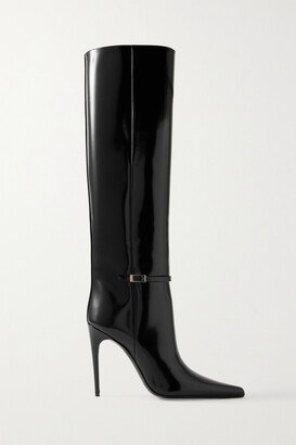 Vendome Buckled Glossed-leather Knee Boots - Black