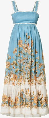 Womens Blue Daisy Floral Chintz quare-neck Floral-pattern Midi Dress