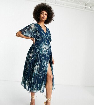 ASOS DESIGN Maternity exclusive pleated midi dress with kimono sleeve and tie waist in floral print