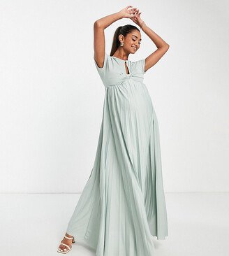 ASOS DESIGN Maternity flutter sleeve keyhole pleated maxi dress in sage - LGREEN