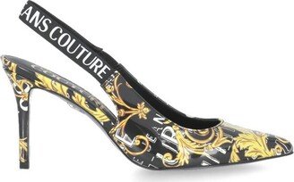 Logo-Printed Pointed Toe Slingback Pumps