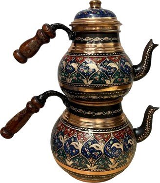 Tea Kettle Copper, Floral Samovar With Wooden Handles, Hand Carved & Painted Turkish Kettle, Copper Maker Set, Service Pot