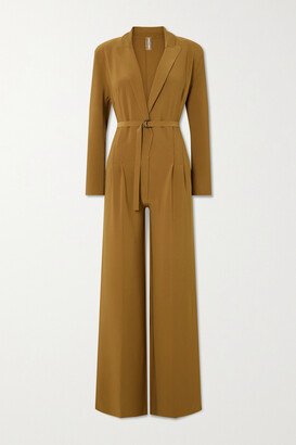 Belted Pleated Stretch-jersey Jumpsuit - Brown