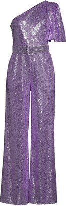 One-Shoulder Sequin Belted Jumpsuit