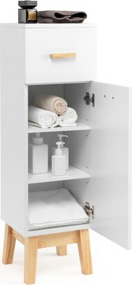 Tangkula Narrow Bathroom Storage Cabinet Freestanding Side Storage Organizer with Adjustable Shelves Drawer and Pine Wood Legs White