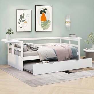 RASOO Pine Wood Twin Size Daybed with Foldable Shelves and Trundle