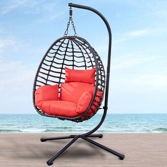 RASOO Outdoor Hanging Egg Chair with Stand and Cushion - Red Wicker-AC