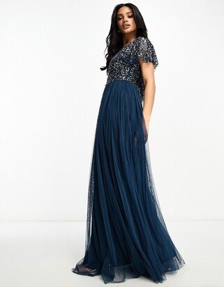 Beauut Bridesmaid embellished maxi dress with flutter detail in navy