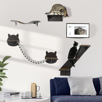 Cat Shelves with Ergonomically Curved Platform, Cozy Cat House, Bridge, Easy Stairs, and Flat Perch, Wall-Mounted Cat Tree Climbing Playground,