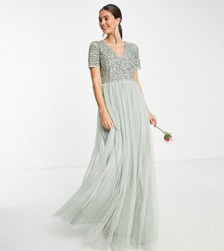 Maya Tall Bridesmaid short sleeve maxi tulle dress with tonal delicate sequins in sage green