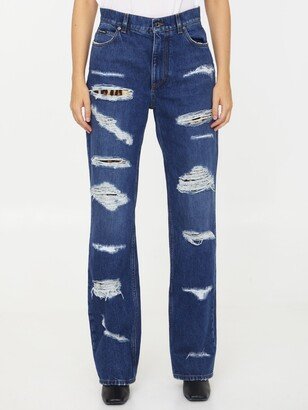 Distressed Jeans With Leo Print