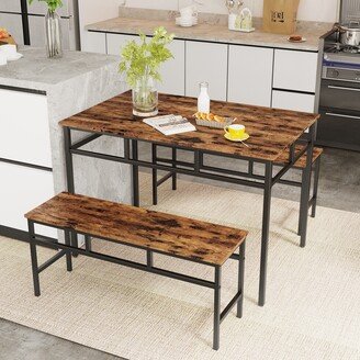 3 Piece Rustic Brown Dining Table Set with Benches