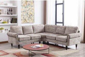 RASOO L-Shape Chenille Fabric Sectional Sofa with Round Arms and Wood Legs