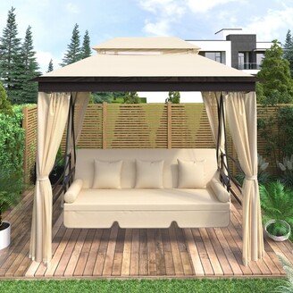 Outdoor Double Roof Soft Canopy Gazebo with Convertible Swing Bench, Mosquito Netting