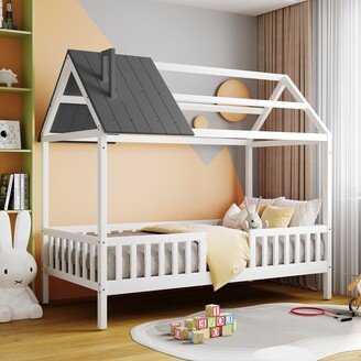 Calnod Twin Size House Shaped Canopy Bed with Fence - Solid Wood Slats Support - Adorable Style for Kids' Bedroom Furniture