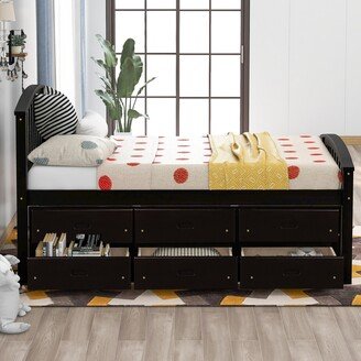 IGEMAN Twin Solid Wood Platform Storage Bed with 6 Drawers and Head&FootBoard