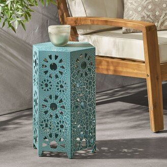 Ealdun Trade LLC Outdoor 12-Inch Sunburst Iron Side Table, Crackle Teal