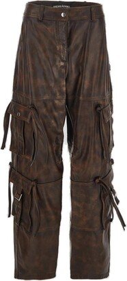 Mid-Rise Cargo Faded Leather Pants