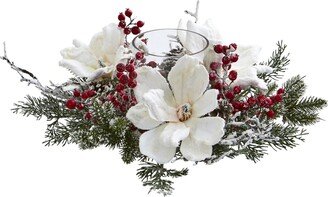 Frosted Magnolia and Berry Artificial Arrangement Candelabrum - White/green