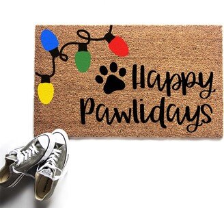 Happy Pawlidays Christmas Lights Doormat, Holiday Welcome Mat For Pet People, Outdoor Decor, Door