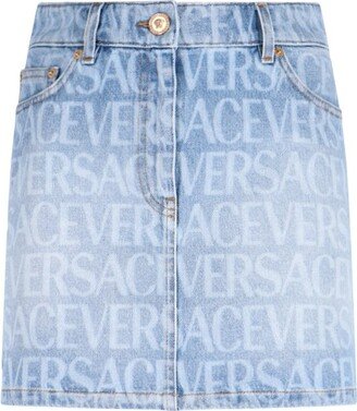 Allover Logo Printed Denim Mini Skirt