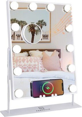 Fenchilin Lighted White Hollywood Vanity Makeup Mirror with Wireless Charger, Bluetooth, 12 Dimmable Bulbs, 10X Magnification, and 3 Color Options