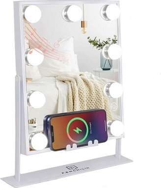 Fenchilin Lighted White Hollywood Makeup Vanity Mirror with 9 Dimmable Bulbs, Wireless Charger, Bluetooth Speaker, Smart Touch, and 10X Magnification