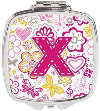 CJ2005-XSCM Letter X Flowers & Butterflies Pink Compact Mirror