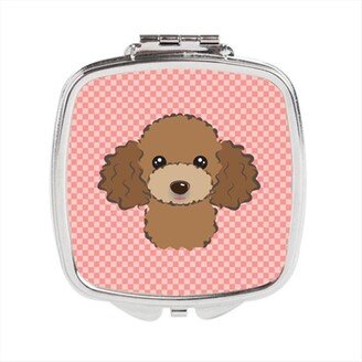 BB1256SCM Checkerboard Pink Chocolate Brown Poodle Compact Mirror, 2.75 x 3 x .3 In.