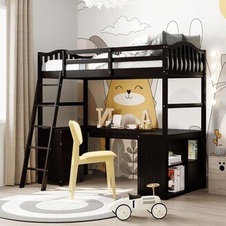 Calnod Twin size Loft Bed with Drawers Cabinet Shelves and Desk Wooden Loft Bed with Desk