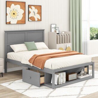 NINEDIN Full Size Platform Bed w/Drawer, Side & Shelf on the End of the Bed