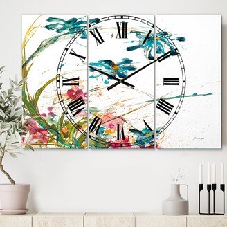 Designart 'Blue Abstract Blossoming Farmhouse Flowers' Cottage 3 Panels Large Wall CLock - 36 in. wide x 28 in. high - 3 panels
