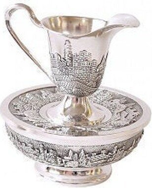 Netilat Yadayim Wash Cup & Matching Bowl, Set Silver Plated 100% Kosher Made in Israel. Judaica Gift, Wash Hand Ceremony. Mayim Achronim