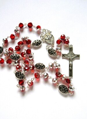 Red Lutheran Rosary, Half Silver Plated Beads, Holy Spirit Connector, Longworth Lenten Versions, 270