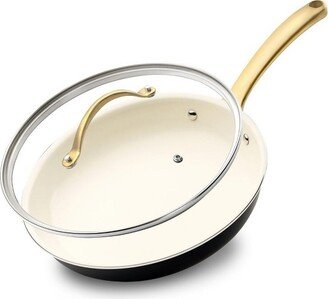 8” Fry Pan With Lid - Small Skillet Nonstick Frying Pan with Golden Titanium Coated Silicone Handle, Ceramic Coating