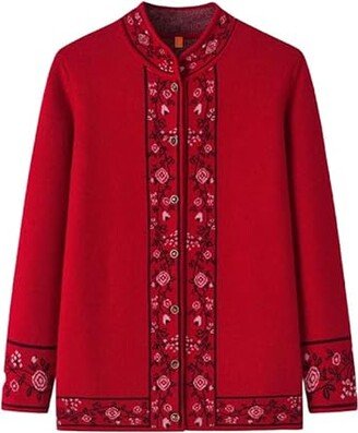 HangErFeng Women Wool Sweater Jacquard Thicken Knitted Cardigan Top 1722 Red L