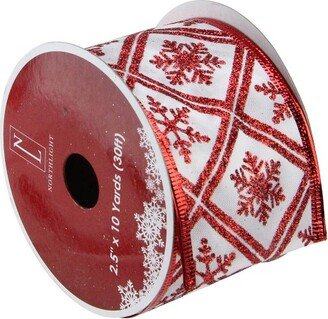 Northlight Club Pack of 12 White and Red Snowflake Wired Christmas Craft Ribbon Spools 2.5 x 120 Yards