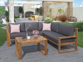 Calnod 3-Piece Patio Sectionals Sofa Acacia Wood and Grey Cushions Ideal with Table