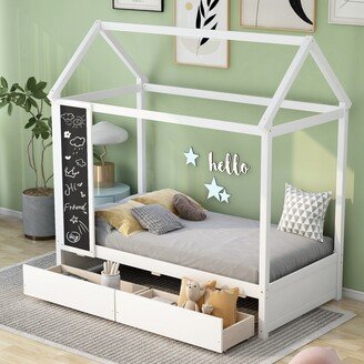 Twin Size House Bed with Drawers and Blackboard