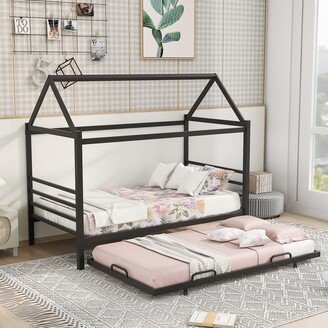 GEROJO Twin Size Metal House Platform Bed with Trundle, Steel Bedframe-AA