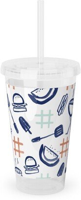 Travel Mugs: Summer Cookout Acrylic Tumbler With Straw, 16Oz, Blue