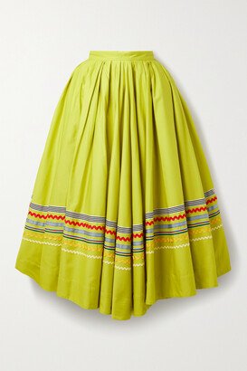 Striped Grosgrain And Ric Rac-trimmed Pleated Cotton Maxi Skirt - Yellow