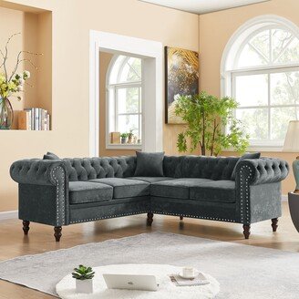 EDWINRAY 80 Deep Button Tufted Upholstered Sectional Sofa, Luxury Classic Chesterfield L-shaped Sofa with Solid Wood Gourd Legs-AA