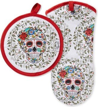 2pc Oven Mitt and Pot Holder, Cotton Skull and Vine